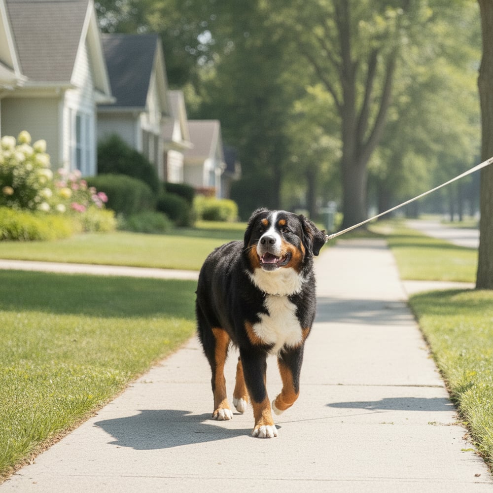 Calm Bernese Mountain Dog walking on a loose leash, looking up happily at its owner after Partners Dogs leash training
