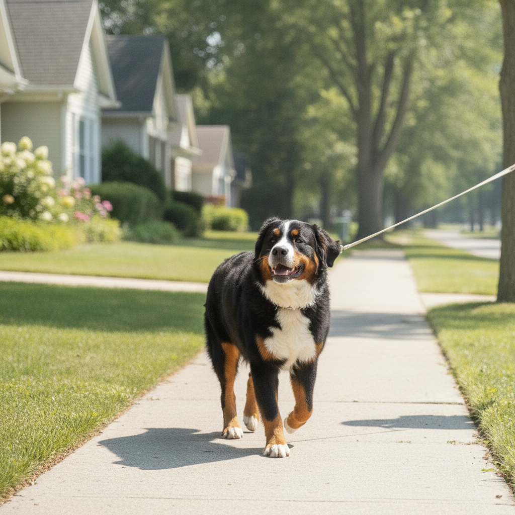 Calm Bernese Mountain Dog walking on a loose leash, looking up happily at its owner after Partners Dogs leash training