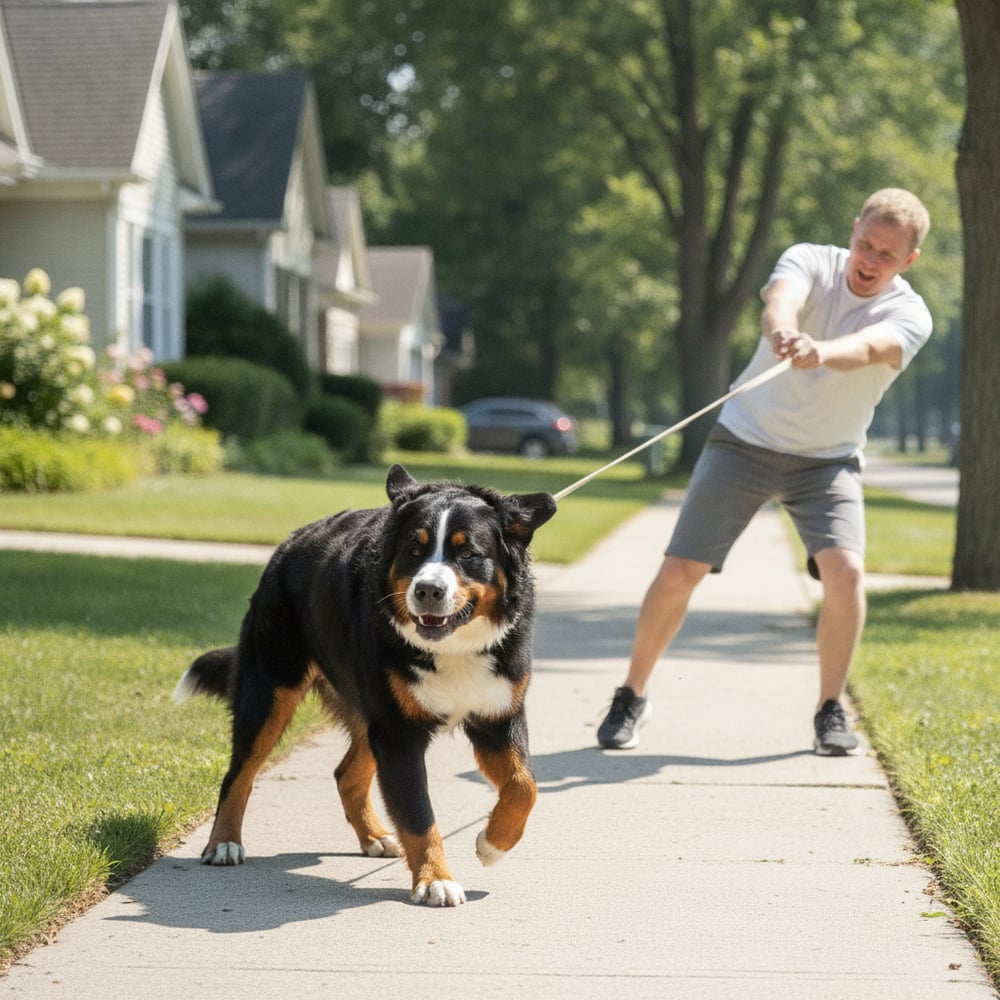 Adult Bernese Mountain Dog pulling hard on a tight leash, dragging its owner down a sidewalk, before Partners Dogs training