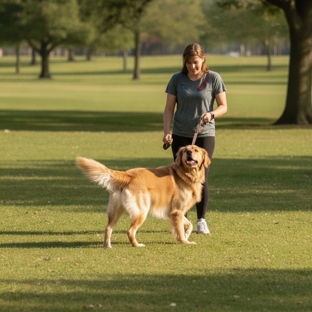 Calm adult Golden Retriever walking happily on a loose leash looking up at owner in the park after Partners Dogs recall training.