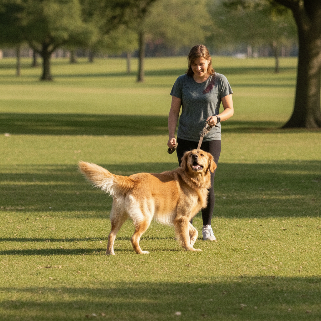 Calm adult Golden Retriever walking happily on a loose leash looking up at owner in the park after Partners Dogs recall training.