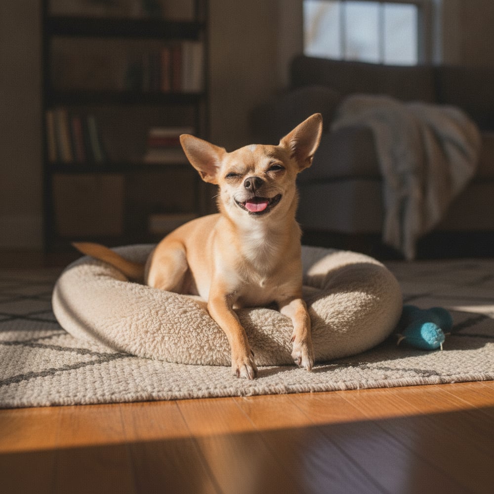 Relaxed happy adult Chihuahua resting on a dog bed looking up at its owner after Partners Dogs resource guarding training.
