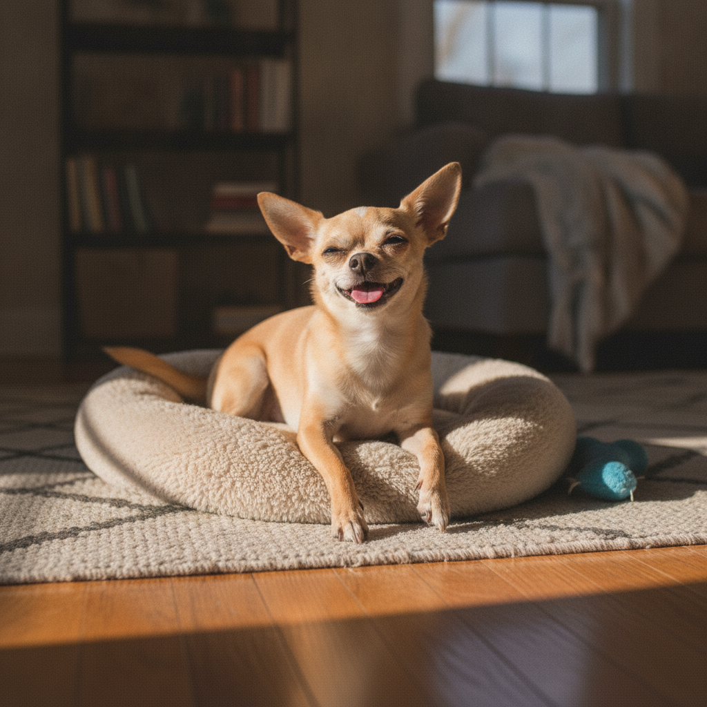Relaxed happy adult Chihuahua resting on a dog bed looking up at its owner after Partners Dogs resource guarding training.