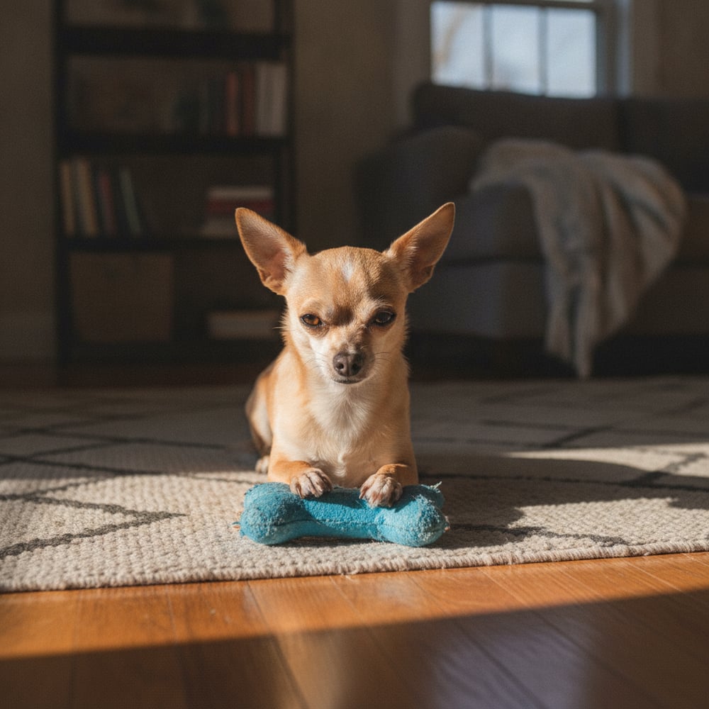 Tan adult Chihuahua lying stiff and hovering over a toy on a rug, showing resource guarding behavior before Partners Dogs training.