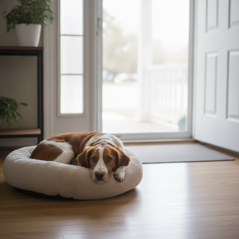 Calm relaxed Brittany resting contentedly on a dog bed by the front door after Partners Dogs separation anxiety training.