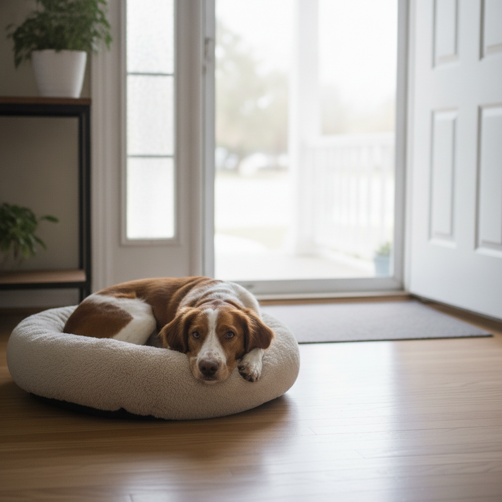 Calm relaxed Brittany resting contentedly on a dog bed by the front door after Partners Dogs separation anxiety training.