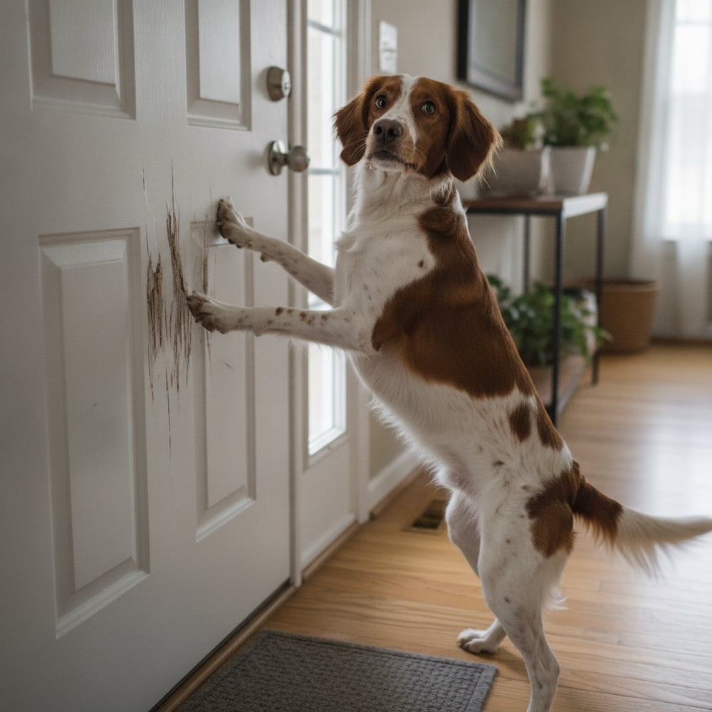 Anxious adult Brittany pawing and scratching frantically at a closed front door from separation anxiety at home.