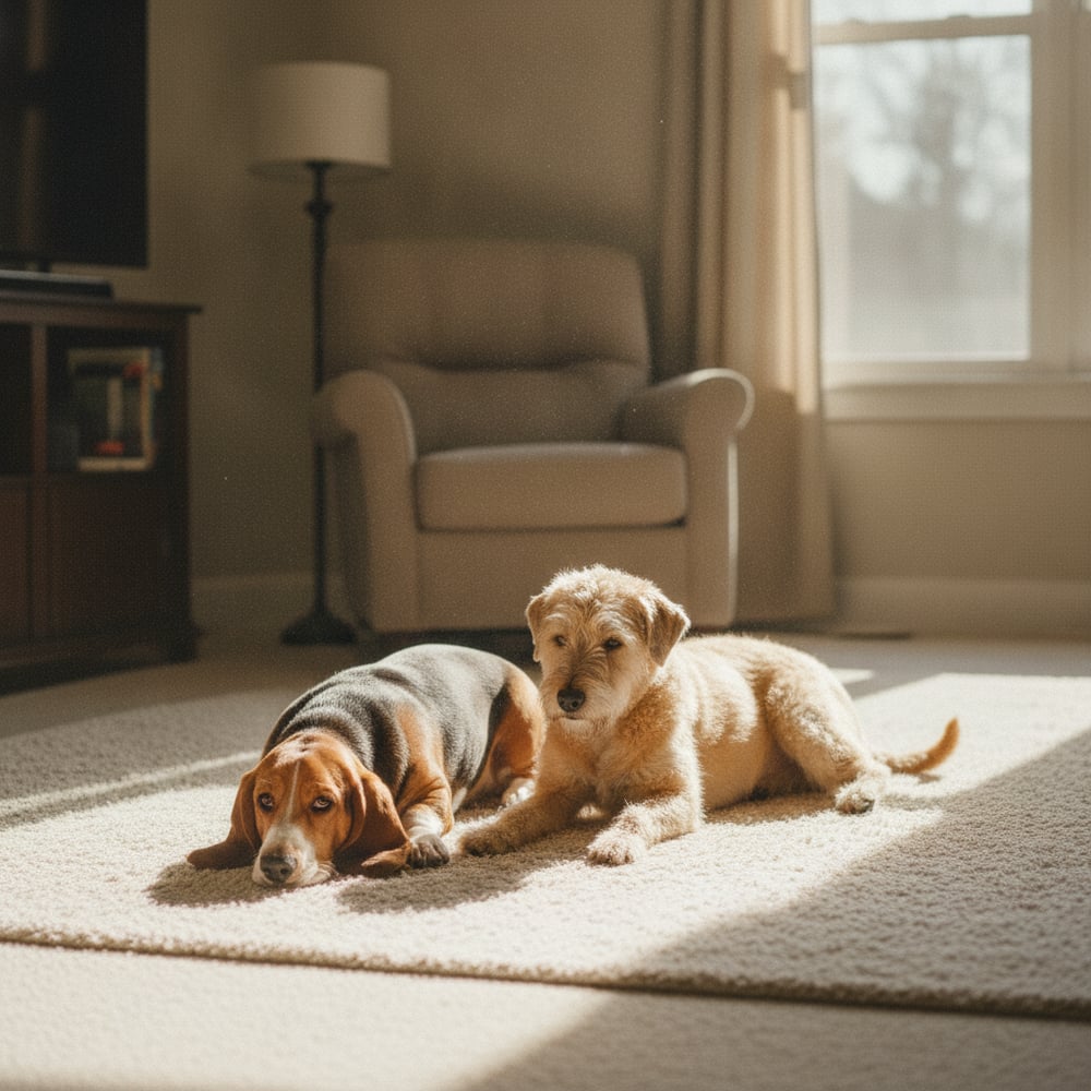Relaxed Basset Hound and Soft-Coated Wheaten Terrier resting together after Partners Dogs sibling aggression training.