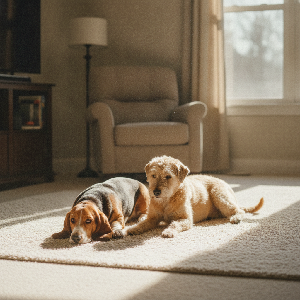 Relaxed Basset Hound and Soft-Coated Wheaten Terrier resting together after Partners Dogs sibling aggression training.
