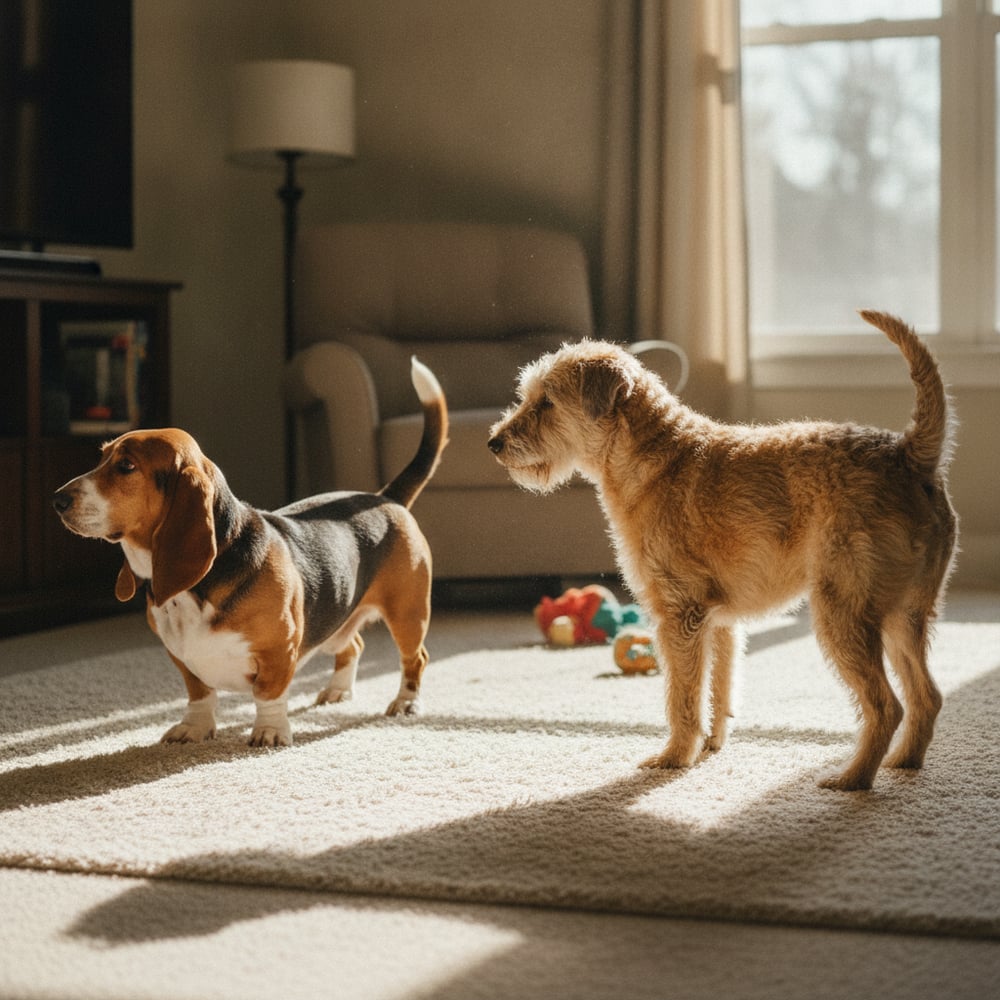 Basset Hound and Soft-Coated Wheaten Terrier standing tense apart, sibling aggression before Partners Dogs training.