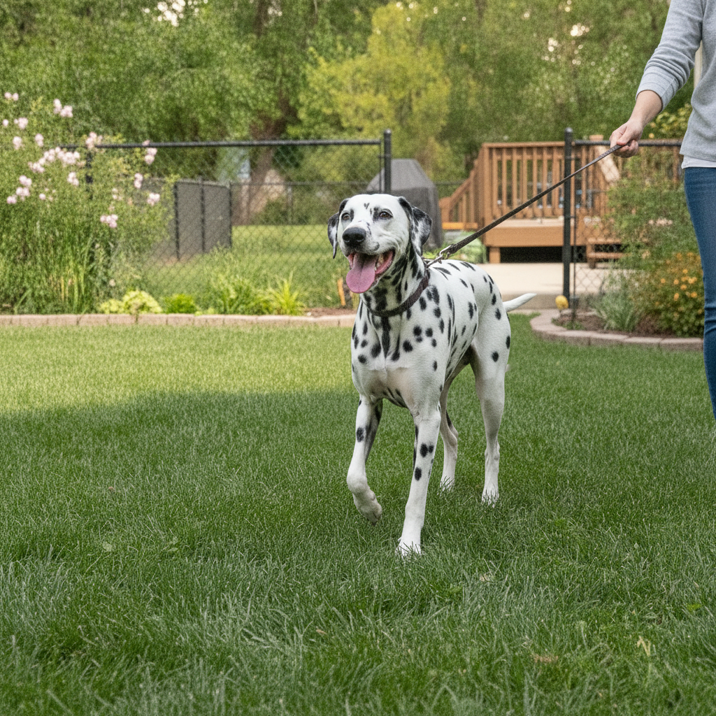 Calm, happy Dalmatian walking on a loose leash looking up at its owner after Partners Dogs coprophagia training.