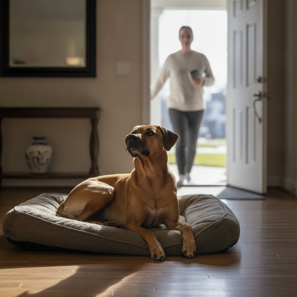 Calm Rhodesian Ridgeback relaxed on its bed as a guest enters, confident and settled after Partners Dogs reactivity training.