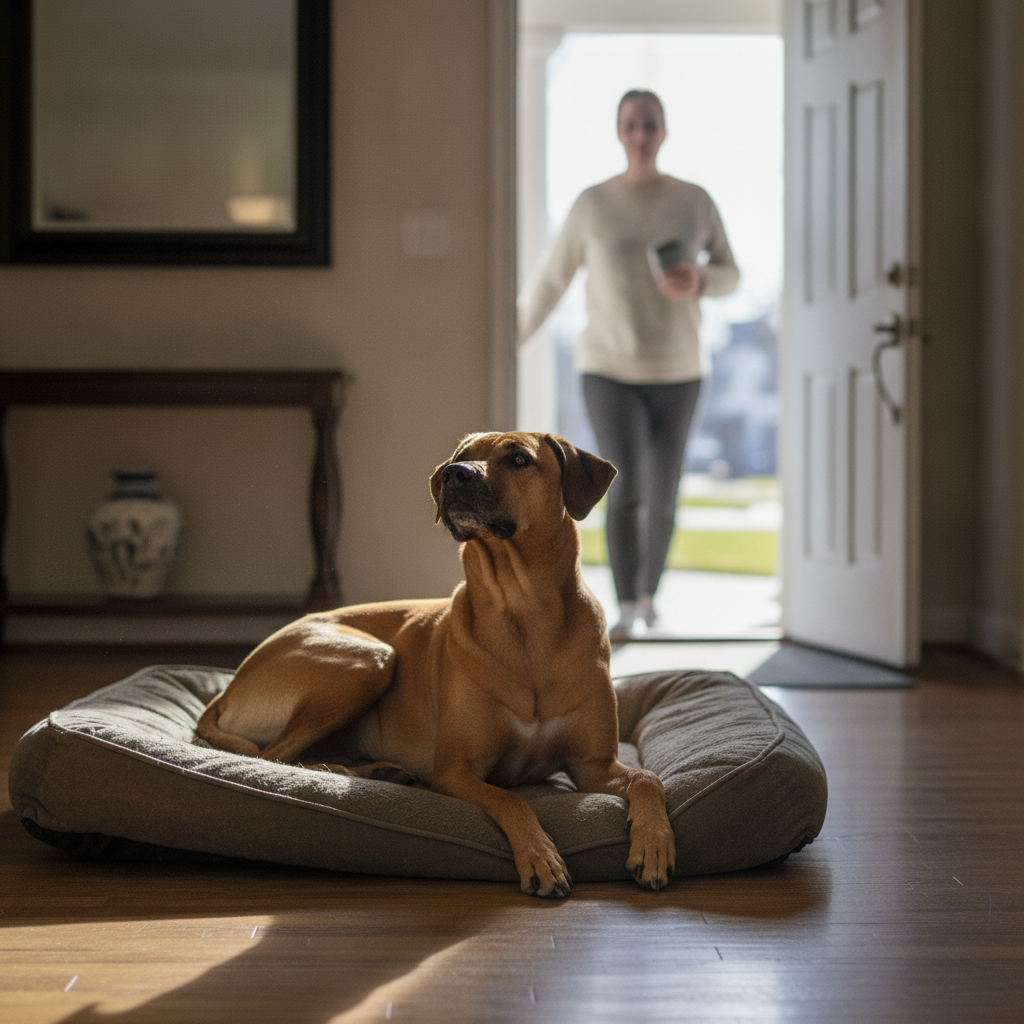 Calm Rhodesian Ridgeback relaxed on its bed as a guest enters, confident and settled after Partners Dogs reactivity training.