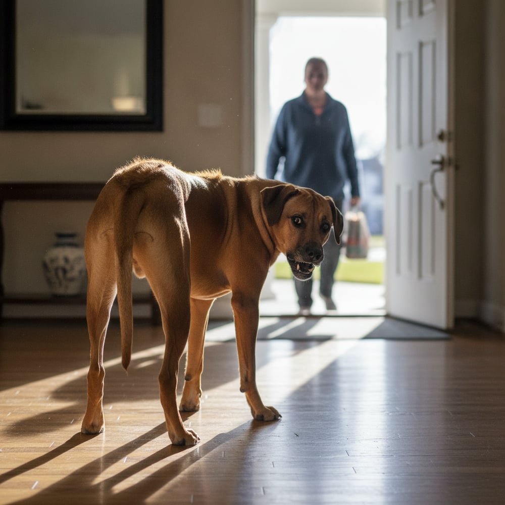 Rhodesian Ridgeback barking and backing away from a visitor at the front door, showing stranger reactivity before training.