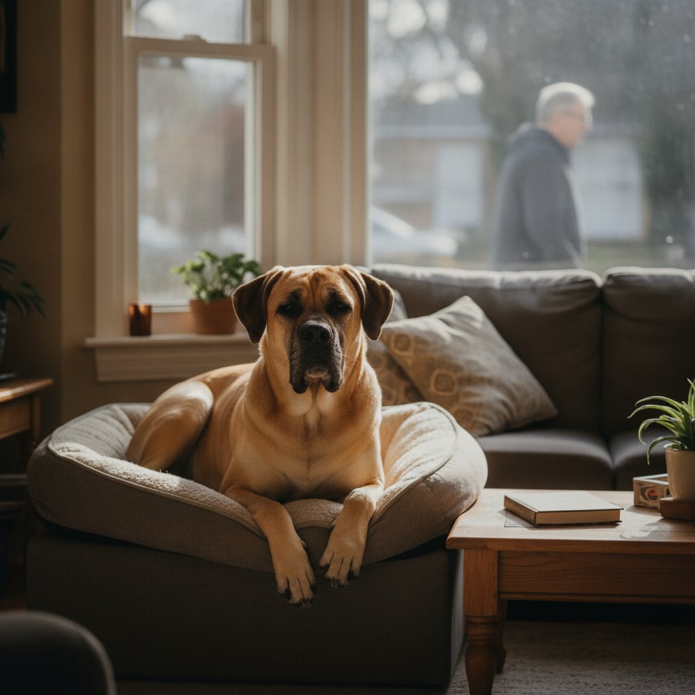 Calm fawn Cane Corso resting relaxed on a bed by the window after Partners Dogs territorial aggression training.