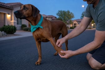 A Rhodesian Ridgeback has its paw checked by a handler on a quiet street at dusk.