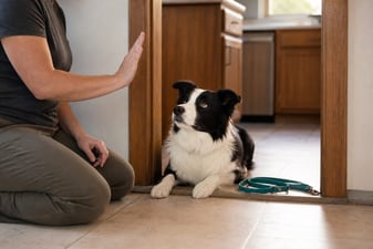 A Border Collie holds a down-stay in a doorway while a trainer signals a hand cue.