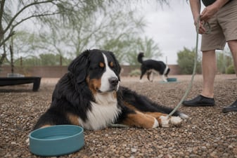 A Bernese Mountain Dog rests calmly in its own space in a gravel yard under monsoon skies.