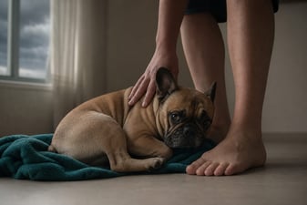 A French Bulldog leans against its owner's legs indoors during an early morning storm.