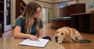 Emma reviewing a vet estimate with a Pet Parent and Golden Retriever at Partners Dogs Scottsdale