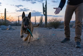 A Belgian Malinois runs toward its handler on a long line at dusk near saguaro cacti.