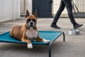 A Boxer relaxes on a raised cot during a stay at a boarding facility.