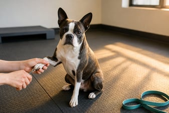 Person trimming the front nails of a calm Boston Terrier sitting indoors.