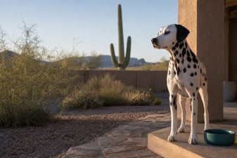 A Dalmatian stands on a desert porch near a saguaro in early morning light.