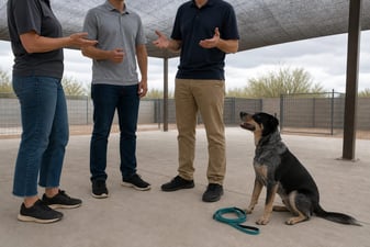 Trainers gather on a shaded patio discussing a plan while a dog sits calmly nearby.