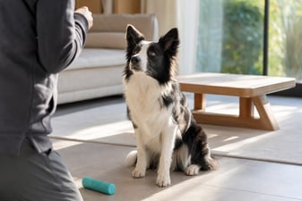 A Border Collie sits attentively on a sunny tile floor in a living room.