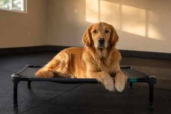 A Golden Retriever rests on a raised cot inside a quiet, unbranded training room.