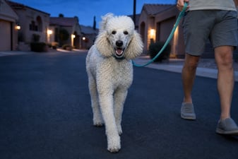 A Standard Poodle walks briskly down a quiet suburban street at dusk.