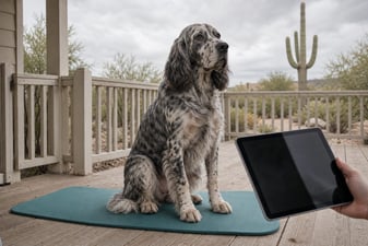 Springer Spaniel sitting calmly on a porch mat during a behavior assessment.