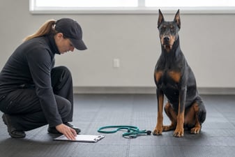 A Doberman sits attentively on a rubber training mat beside a handler reviewing notes.