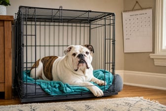 Adult English Bulldog resting in a home crate beside a wall calendar recovery timeline