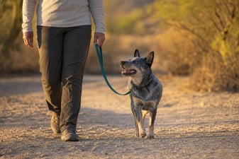 A Cattle Dog mix walks calmly on a loose leash along a desert wash trail at golden hour.