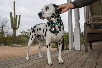 An adult Dalmatian has its ear checked on a porch with a saguaro in the yard beyond.