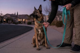 A Belgian Malinois sits on a sidewalk while a handler checks its collar at dusk.