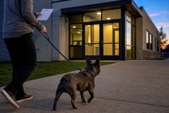 A handler and dog approach a daycare entrance at dusk during a facility tour.