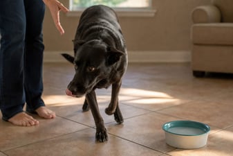 A restless Lab mix paces on a tile floor past a full water bowl.
