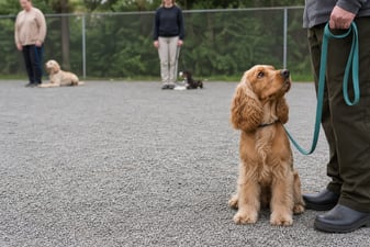 A Cocker Spaniel sits calmly with its handler while other dog-handler pairs work spaced apart.