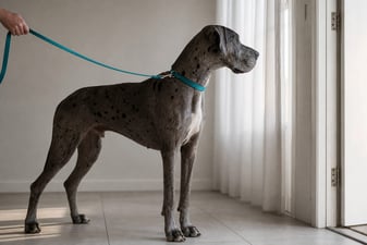 A leashed adult Great Dane stands calmly indoors in soft morning light.