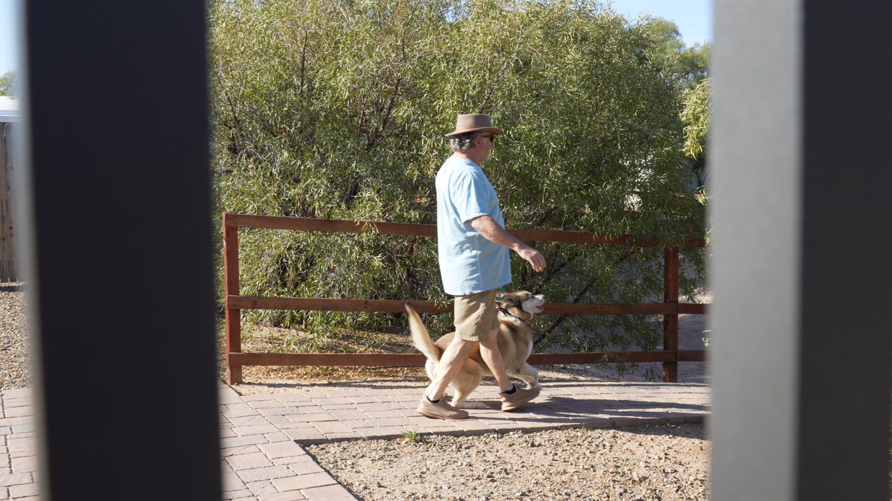 An older man in a hat walks a yellow Lab on leash beside the fence on the desert field, an alum out for a class day.